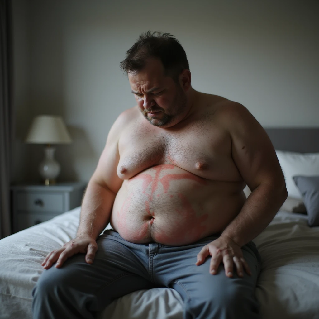 man sitting on bed edge or in bathroom, expression of pain and discomfort, evident abdominal bloating, hyperrealistic 4K details, realistic environment, atmosphere of intestinal malaise emoji