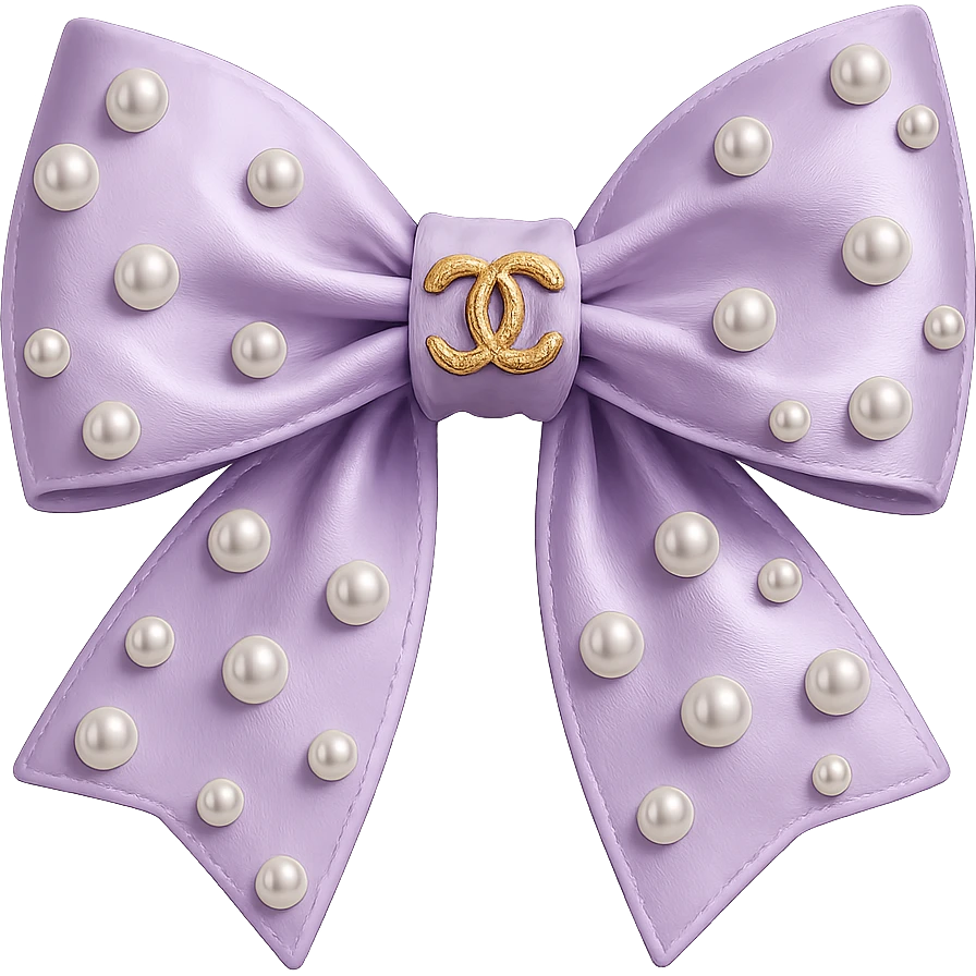 Remove the background, keep only the elegant bow with pearls and gold Chanel logo, glossy, pastel colors, realistic style, with no background. purple emoji