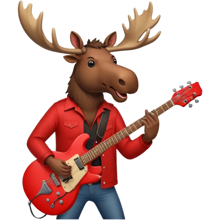 A evil moose headed man with a red electric guitar. The guitar should be pointing directly in the air. And the moose man should look evil and intimidating. emoji