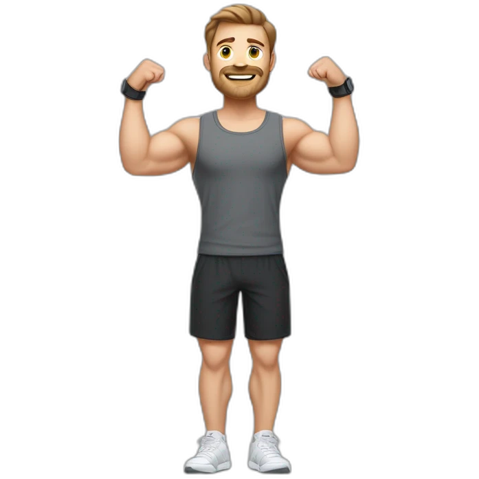 Full height realistic Actively gesturing with hands Pale skinned Fit Man With the biceps and brown hair in dark gray Sleeveless Mike, black oversize sports shorts, watch and white Sneakers emoji