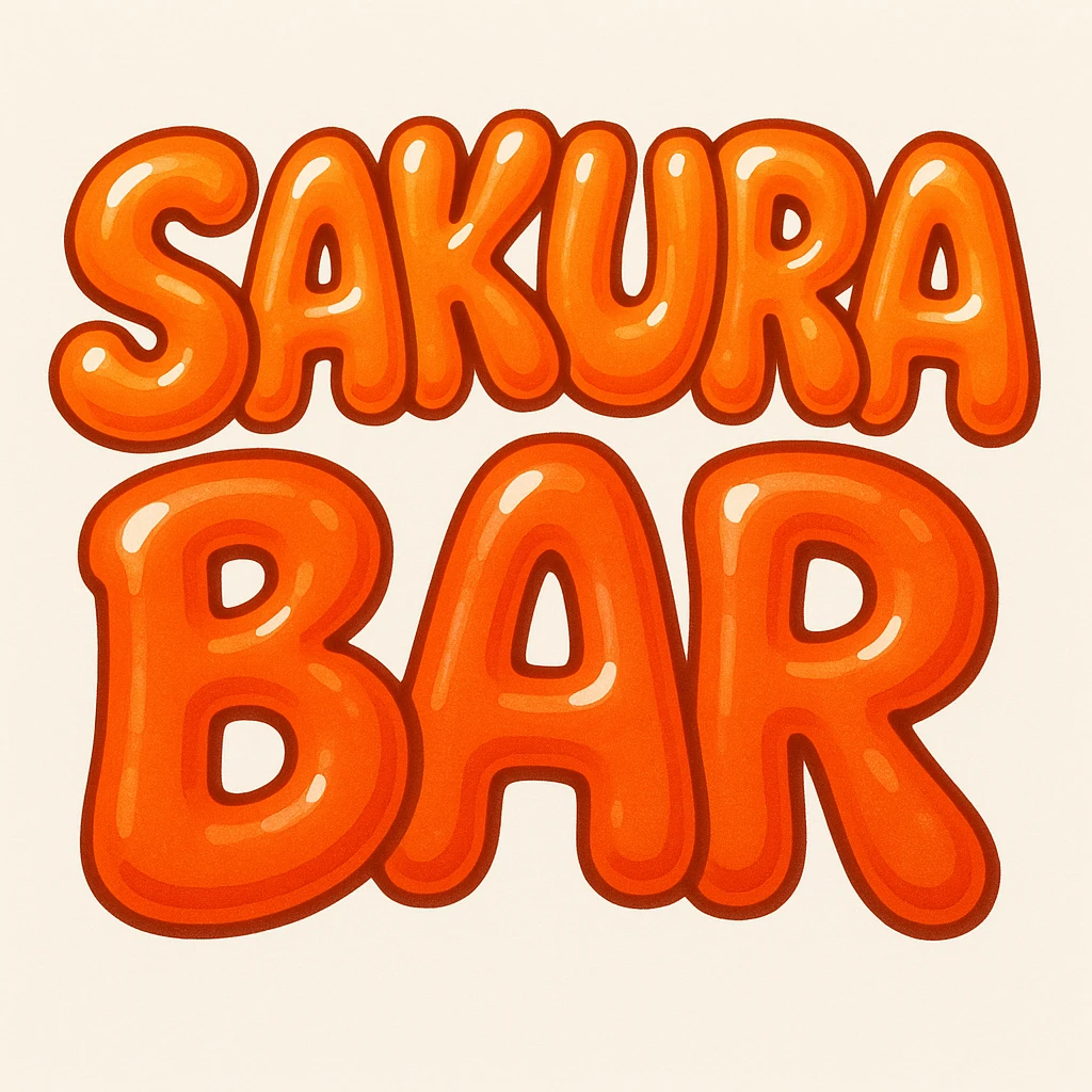 bubble letters that say 'Sakura Bar', extra inflated, shiny orange and red effect, whimsical and lighthearted emoji