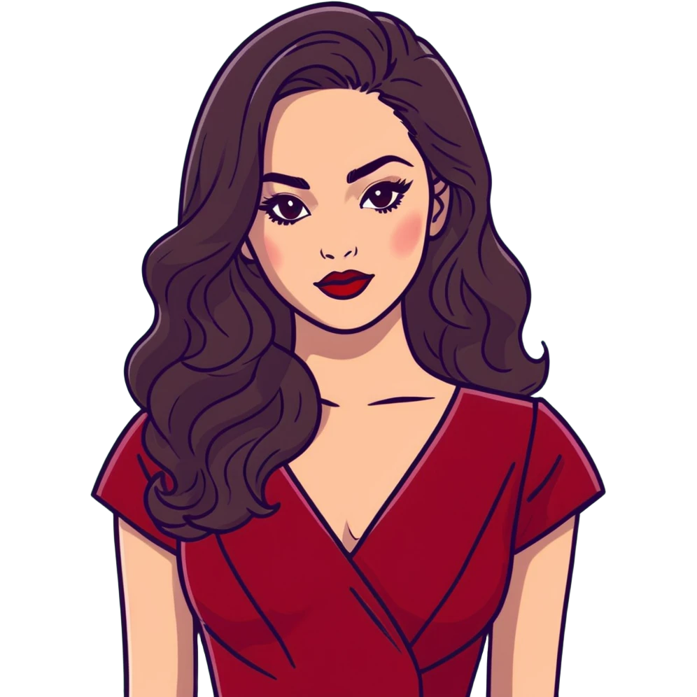 High-profile artistic woman with radiant complexion, long voluminous dark hair with soft waves, large almond eyes with bold eyeliner, defined brows, glamorous red lipstick, wearing sophisticated wine red velvet dress with V-neckline, elegant confident expression emoji