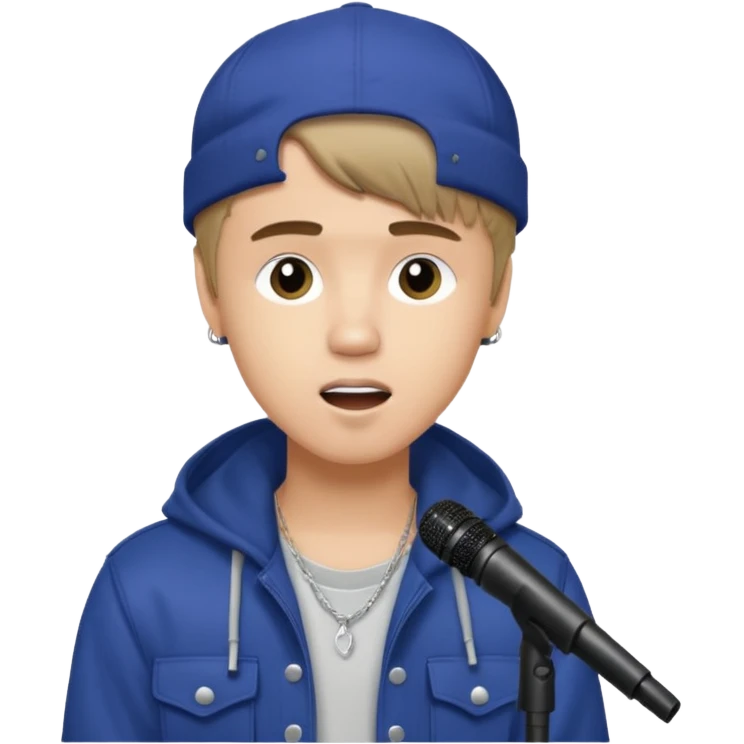 Justin Bieber, around 16, casual clothes, singing into mic emoji