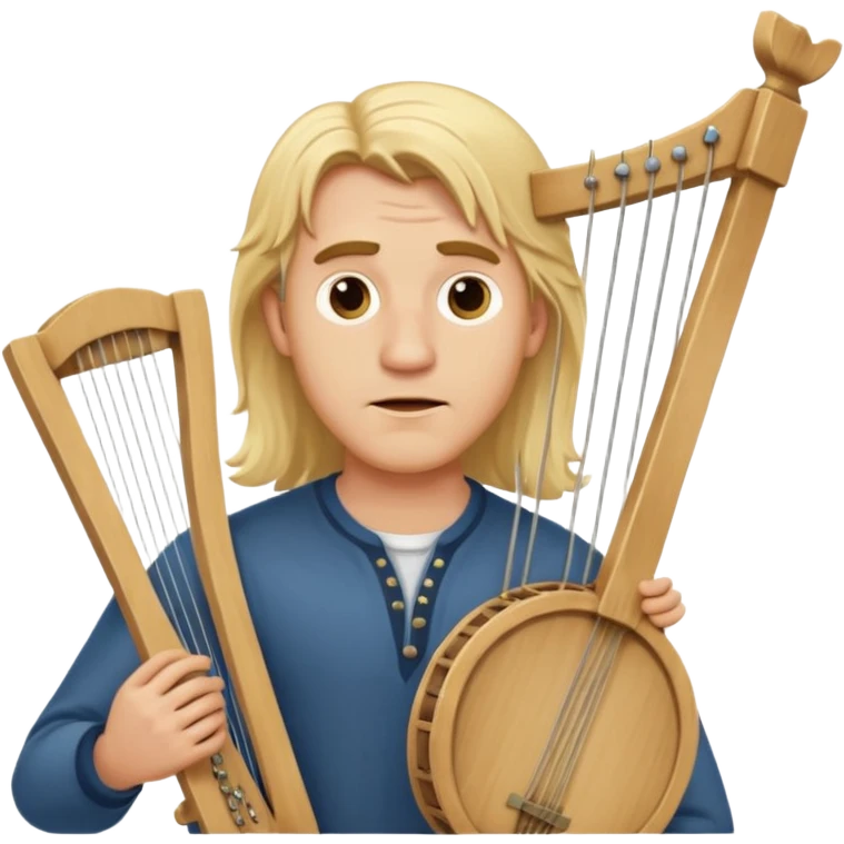 Man with long blonde hair looking clueless holding a lyre emoji
