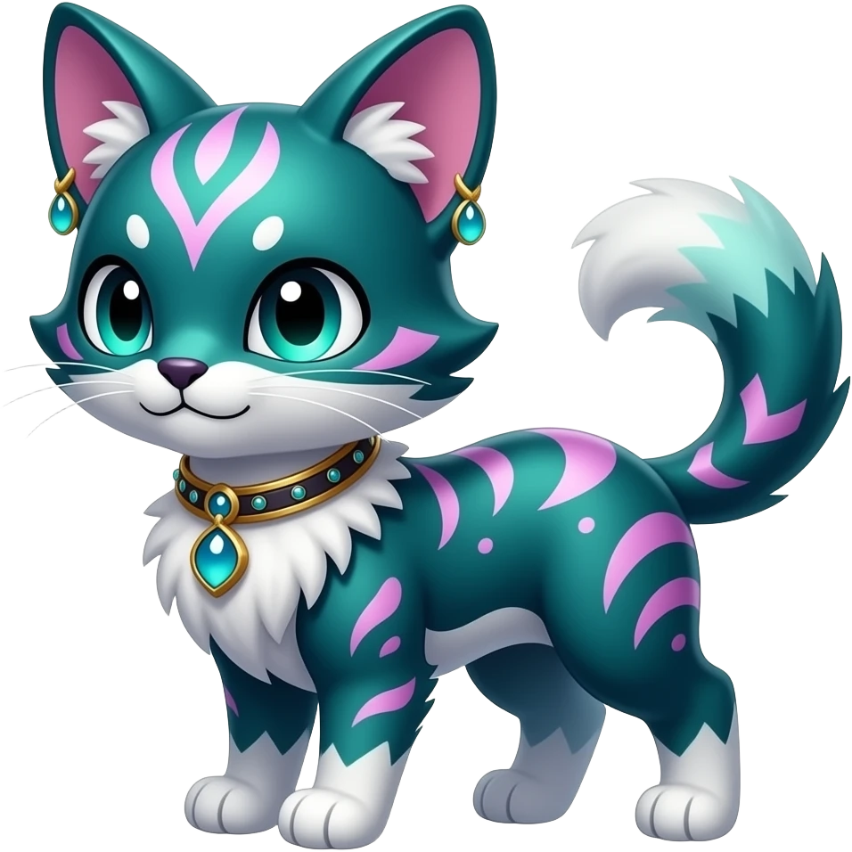 Kawaii cute colorful iridescent deep-dark-turquoise-green and magenta and white beautiful pretty elegant divine edgy feline-vernid-sergal-Fakémon-Pokémon-fursona-animal-creature with accessories, full body, with intricate detailed markings emoji