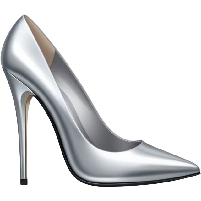 A pair of high heel shoes emoji made of polished silver chrome, elegant sharp silhouette, smooth metallic surface, glossy reflections, luxury sexy vibe, minimalistic iOS emoji style, centered, clean white background emoji