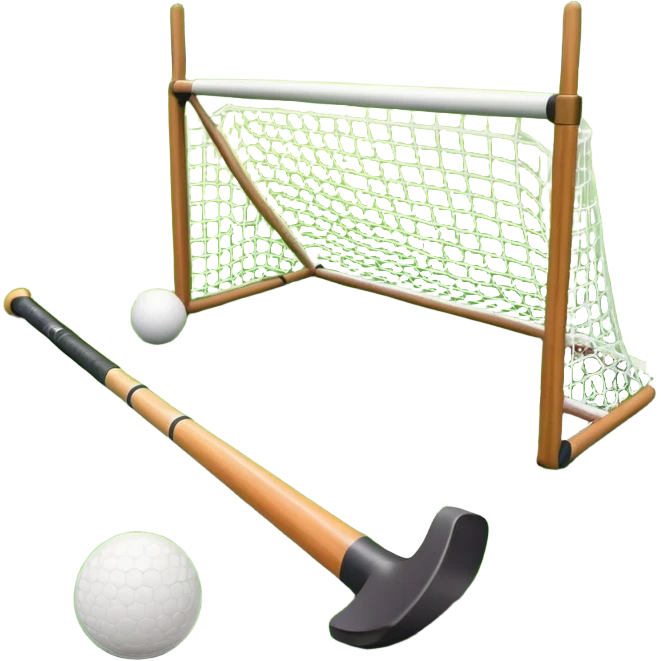 field hockey stick and ball on green grass field with goalposts in background emoji