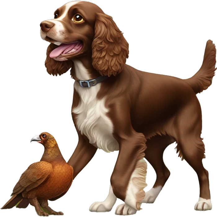 happy all-brown spaniel dog playing with a pheasant emoji