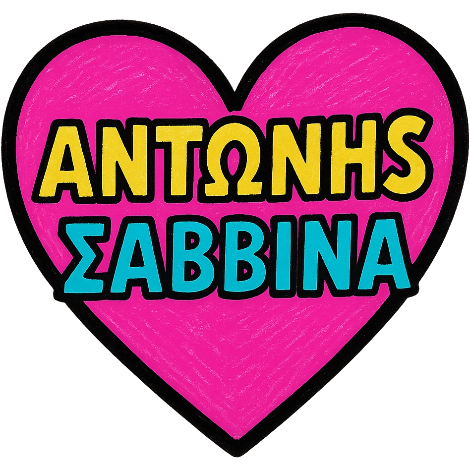 heart with the Greek names ΑΝΤΩΝΗΣ and ΣΑΒΒΙΝΑ, playful and colorful style, both names clearly visible inside the heart emoji