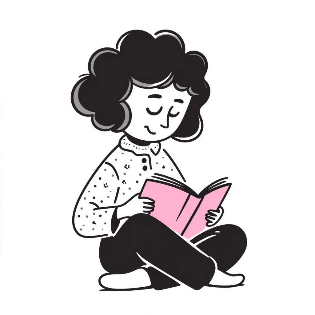 girly character with brown soft curly hair reading a pink book emoji
