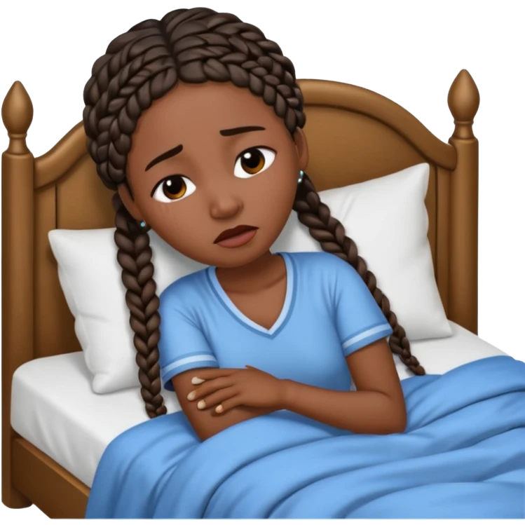 Black woman with braids in a big king size bed on one side by herself crying emoji