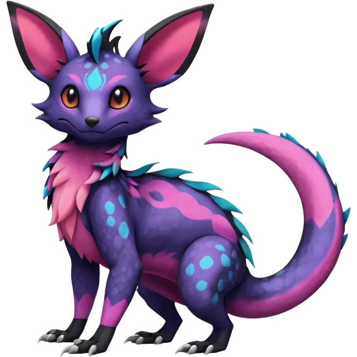 Rare epic aesthetic colorful Salandit-Noibat-Eevee-Genet-species-Fakemon-hybrid-creature, with markings, full body emoji