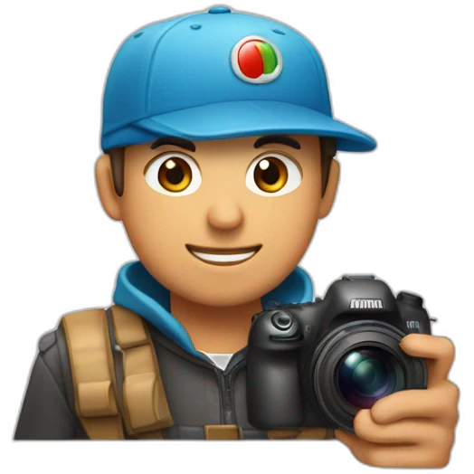 Un chico con una gorra para atras roja con una camara en la mano emoji