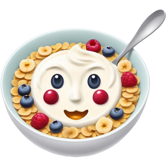 Breakfast bowl with a face on it and arms and legs ready for gym emoji