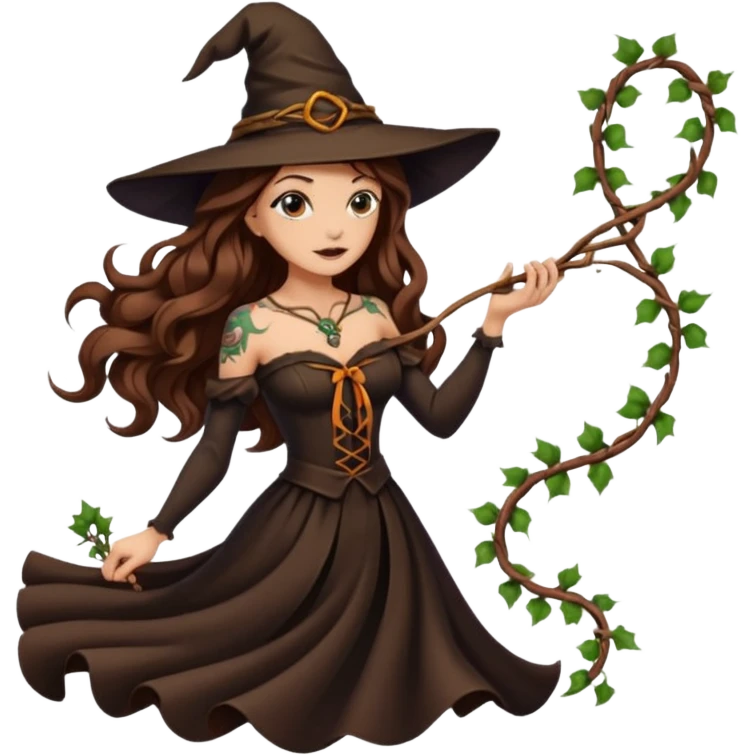 witch woman long wavy brown hair tattoos pulling vine ribbon slowly emoji