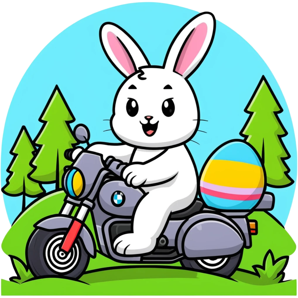 Easter bunny riding a BMW boxer motorcycle with trees and grass in the background and colorful Easter eggs hidden in the grass emoji