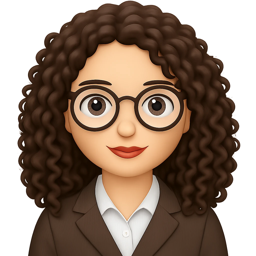 Change to round glasses, keep lady with long dark brown curly hair, in emoji style with no background. emoji