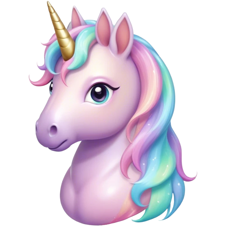 Cinematic pastel-colored unicorn, flowing iridescent mane, big sparkling eyes, tiny rounded hooves, soft chubby cheeks, delicate magical glow surrounding, enchanting and dreamy. emoji