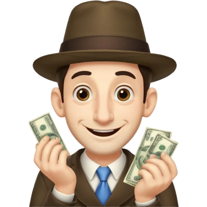 Jewish man with a big nose having his hands clenched together while smiling when he sees money , add the side curls and the funny hat  emoji