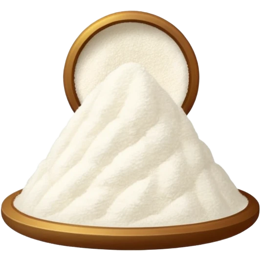 small translucent pile of fine off-white powder with a light fluffy texture, gently mounded or slightly scattered, very fine matte grains resembling starch or gelatin substitute, no spoon bowl or extras, soft lighting, subtle shadows, emoji scale emoji