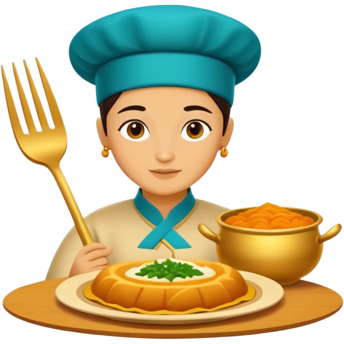 Uzbek cuisine humanless avatar in bright illustration. Classic dishes like plov, warm golden and earthy tones, simple shapes, flat design, high contrast, friendly and appetizing. emoji