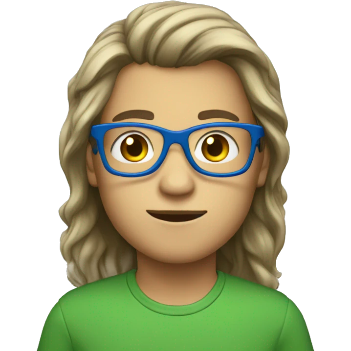 a boy in a green shirt, blue glasses and long hair   emoji