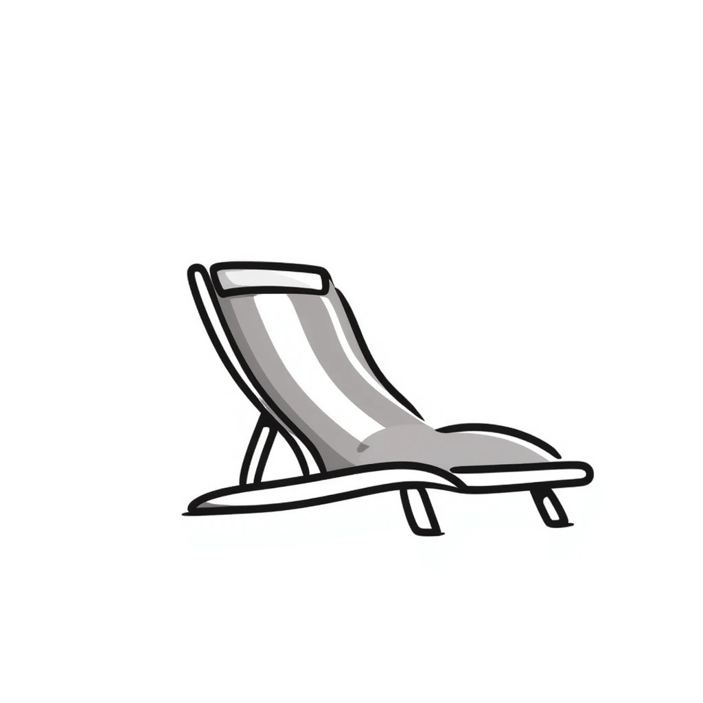 A beach lounge chair/deck chair in pastel colors (dd9fb0, ffc6d3, a3bfc9, c4bee2, f1b091), hand-drawn doodle style emoji