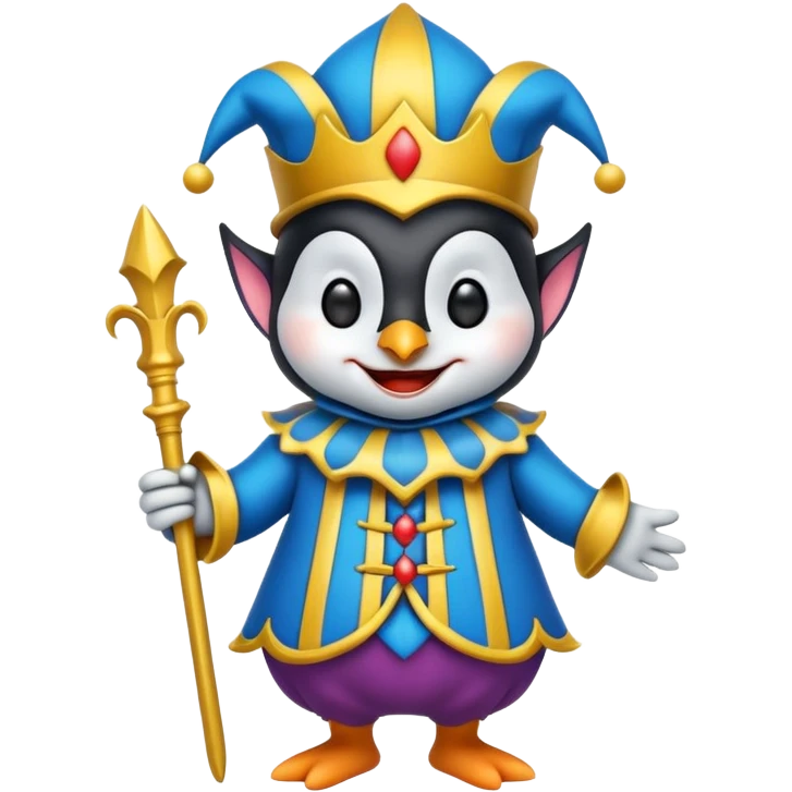 crazy colorful cute little penguin jolly joker, medieval, vintage, court jester, mac os icon, blue color emoji