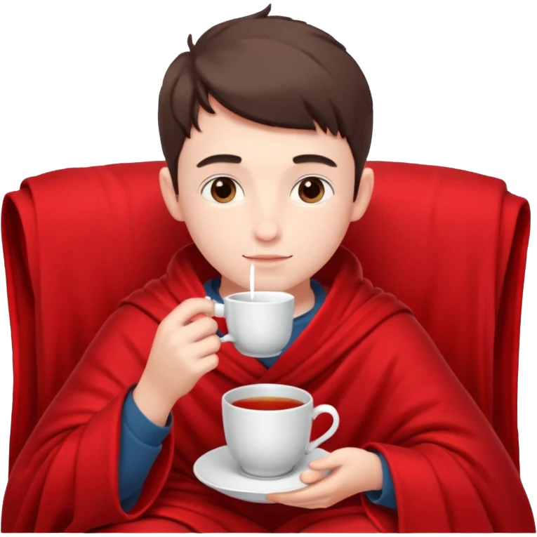 a European boy is sitting in a red blanket, drinking tea emoji