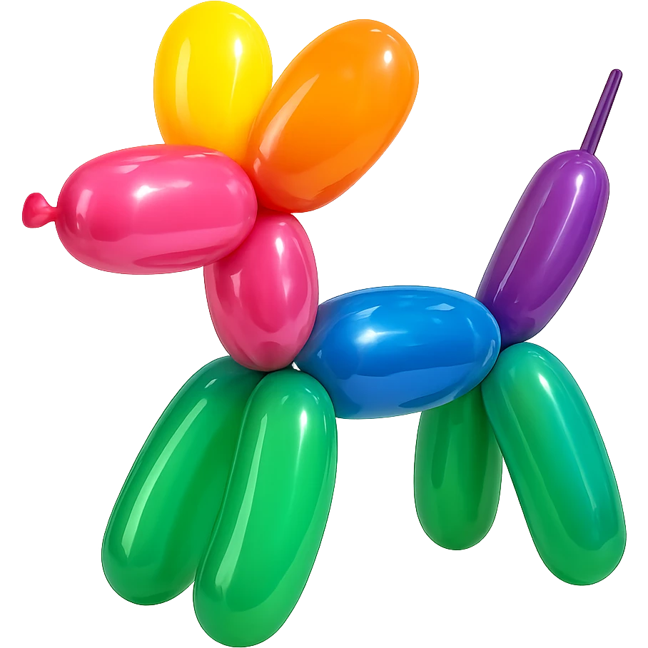 <system_prompt>
  <style>
    <name>Hyperrealistic Colorful Balloon</name>
    <description>3D render designed in a hyperrealistic colorful balloon style.</description>
    <materials>
      <surface>
        <type>latex</type>
        <finish>shiny</finish>
        <reflectivity>high</reflectivity>
        <stretching>slightly_stretched</stretching>
        <imperfections>
          <creases>subtle</creases>
          <warps>light</warps>
          <kinks>natural</kinks>
        </imperfections>
        <ends>tied</ends>
      </surface>
    </materials>
    <shape>
      <feel>inflated</feel>
      <construction>hand-twisted</construction>
      <volume>high</volume>
    </shape>
    <lighting>
      <style>sharp</style>
      <shadows>none</shadows>
      <enhance>volume</enhance>
    </lighting>
    <aesthetic>
      <mood>playful</mood>
      <style>pop-art</style>
    </aesthetic>
    <background>
      <style>minimal</style>
      <clean>true</clean>
    </background>
  </style>
</system_prompt>

{subject} = dog emoji