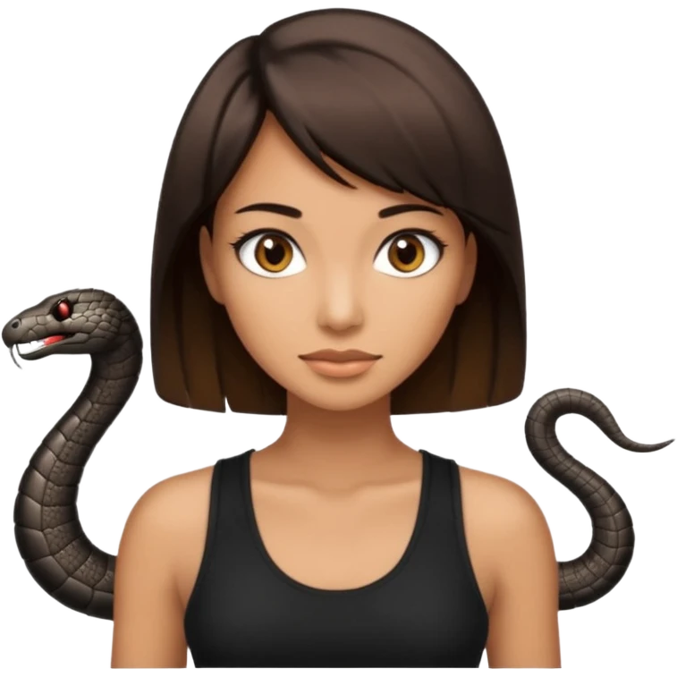 Femme brune yeux marron avec une coupe carré noir , femme couleur de peau typé, avec un cobra a côté , débardeur noir emoji