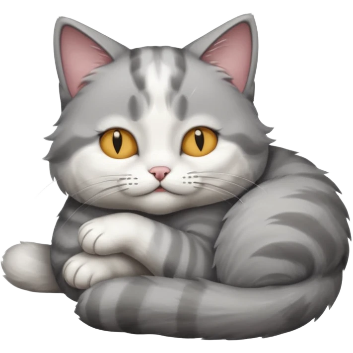 1 grey and white small cat with its eyes closed lying down leaning on his elbow with his paw curled under his head holding it up emoji