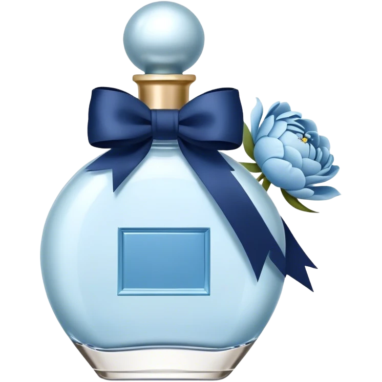 pearl blue vintage style perfume bottle and navy colored peonies and a powder blue bow emoji