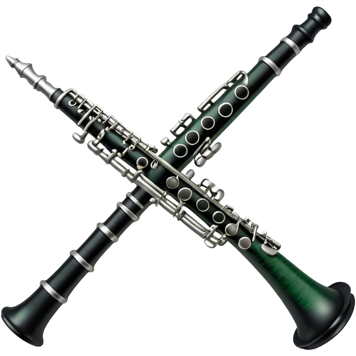 Create an elegant and refined emoji representing A clarinet. The design should showcase the sleek, black wood finish of the clarinet with its shiny metal keys and elegant detailing. Include the distinct, high-quality features, such as the unique greenish tint of the wood, giving it a modern and sophisticated look. Add subtle elements like the mouthpiece with the reed, emphasizing its importance in sound production. Use dark tones like ebony, silver for the keys, and soft light reflections to evoke a professional, classical feel. The background should be transparent. emoji