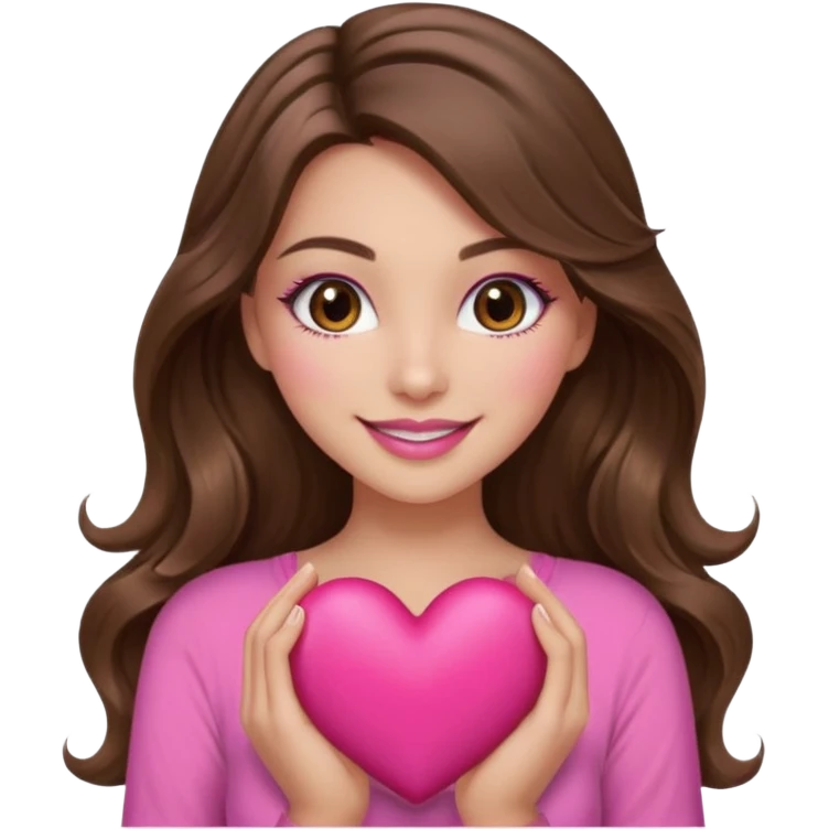 girl with long wavy brown hair, brown eyes, long lashes makeup, sexy pink lips, light to medium complexion, wearing a pink sexy top, smiling, holding a big heart emoji