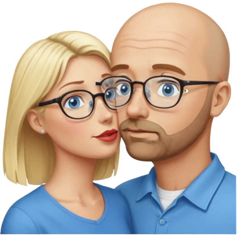 middle age bald man with scruff, blue eyes and glasses.  Kissing blonde woman with blue eyes, the woman does not have glasses on emoji