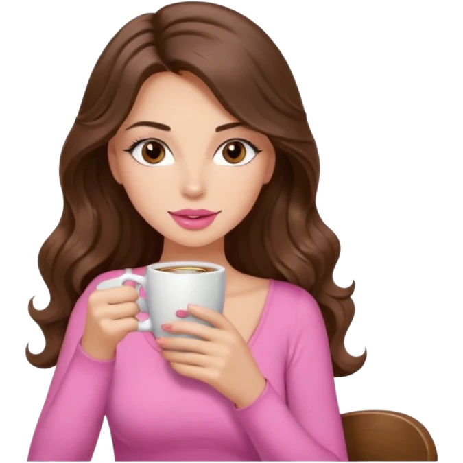 girl with long wavy brown hair, brown eyes, light to medium complexion, in a pink sexy top, pink lips, long lashes sipping coffee emoji