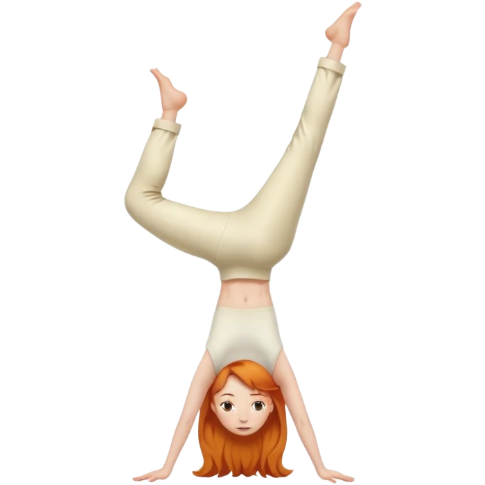 Ginger Girl one head side view handstand two legs in cream pants emoji