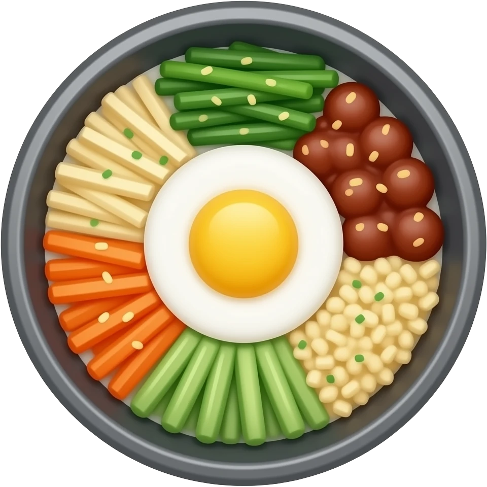 kawaii bibimbap emoji, rice with green vegetables and fried egg, simple cute icon style emoji
