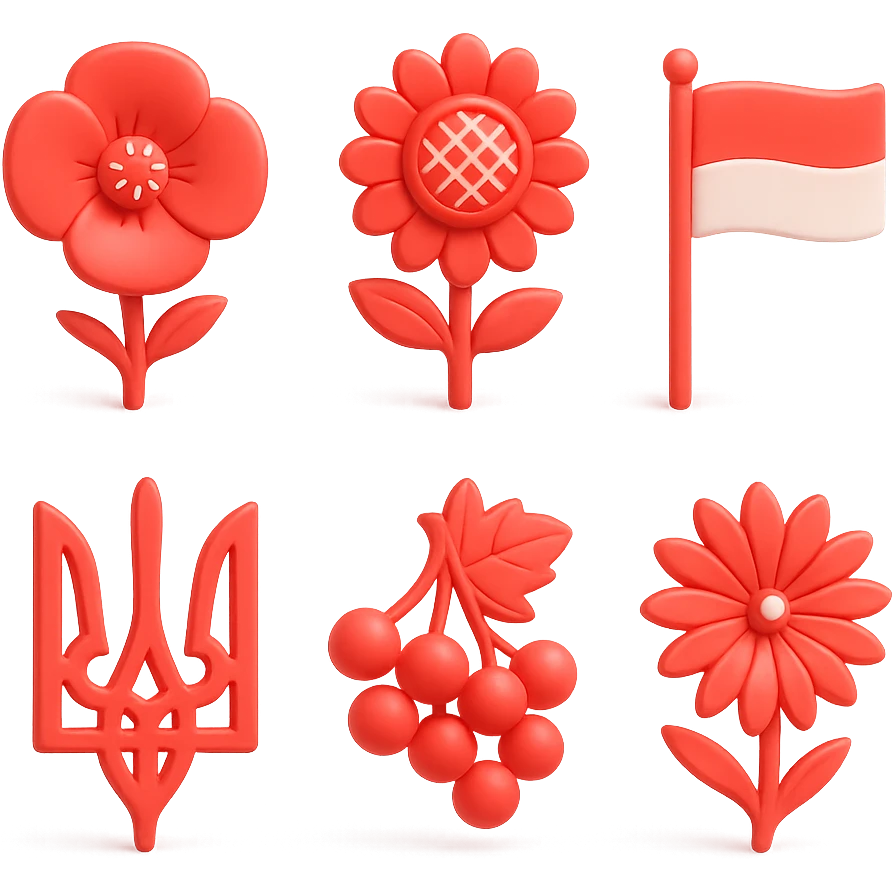 3D icon set: red poppy, sunflower, Ukrainian flag, trident, viburnum, cornflower, bread, stork, Ukrainian house. Illustrative style, grid 2x3, organic spacing, transparent background emoji