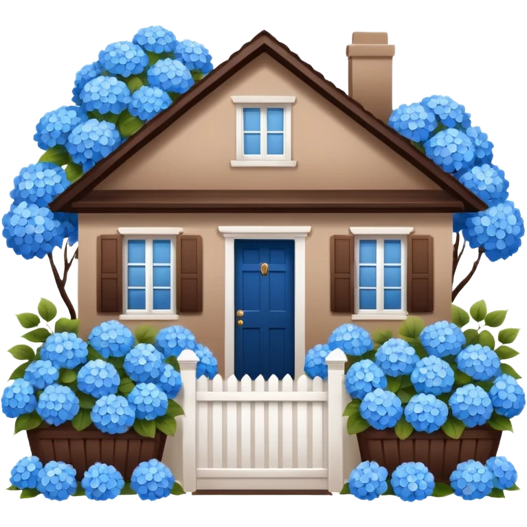 Brown house, white shutters, white fence, blue hydrangeas all over emoji