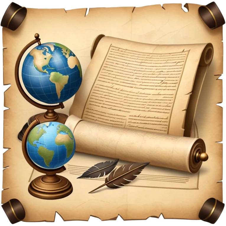 An icon featuring an ancient scroll, a quill pen, and a globe, symbolizing the study of history. The design includes a timeline with significant historical events, with ruins in the background to evoke past civilizations. Transparent background emphasizes the exploration of human history emoji