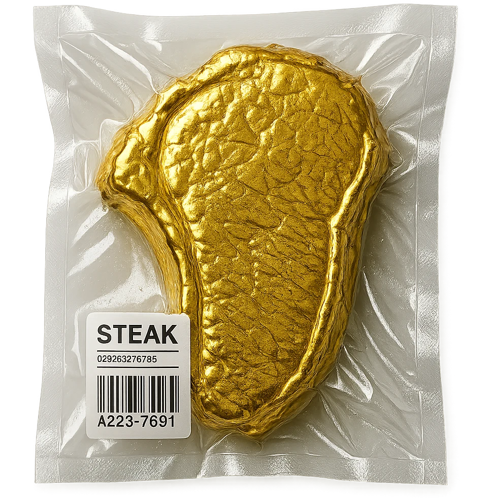 steak covered in edible gold, shiny and inflated, vacuum-sealed style emoji