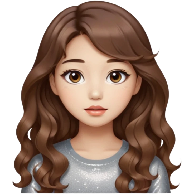 “korean brown hair Emoji girl, soft eyeliner, gradient lips, light brown shimmer eyeshadow, sparkly aegyo-sal, long wavy hair,  emoji