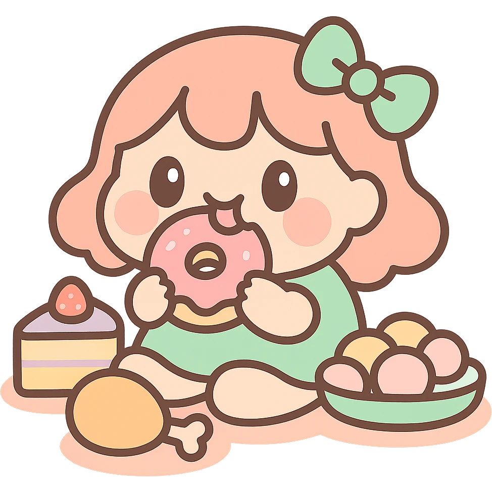 anime style icon representing gluttony, with a character eating or surrounded by food emoji