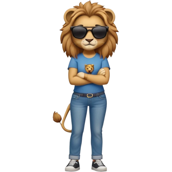 friendly anthropomorphised female lion character, full body, standing confidently with arms folded, wearing jeans, a t-shirt, and dark sunglasses, with a confident smile emoji