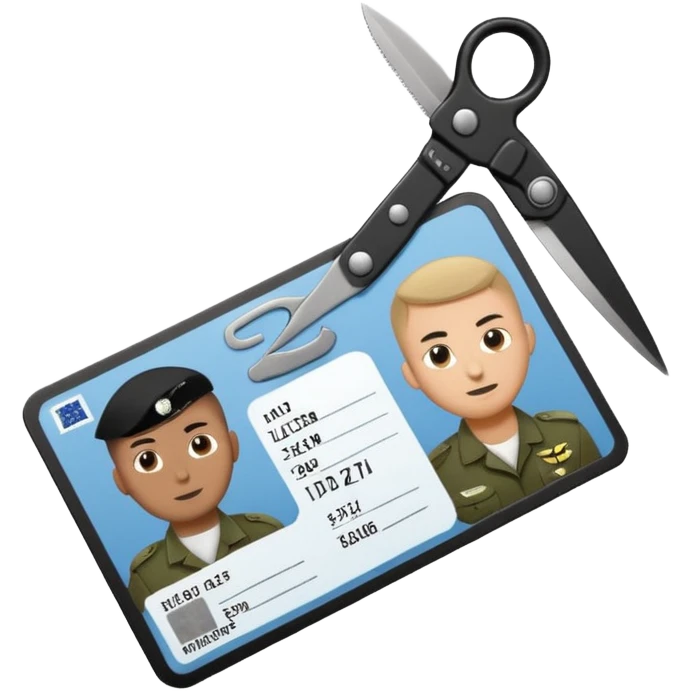 Floating black Scissors cutting an idf soldier ID card in 2 parts .hyper realistic emoji