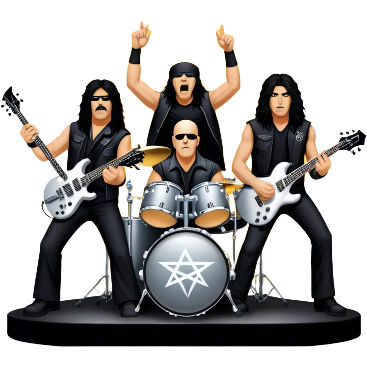 Icon for Heavy Metal: Anthrax live concert with Charlie Benante on drums, Joey Belladonna on vocals, Frank Bello on bass, Jonathan Donais and Scott Ian on guitars. The intense energy of the band is captured with instruments and stage lighting. Transparent background. emoji