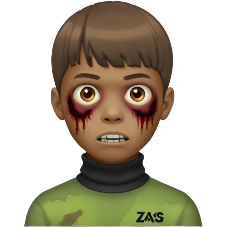 Crie um emoji de um menino com o cabelo castanho claro com uma franja reta e o corte low fade zumbi blusa de gola alta da adidas emoji