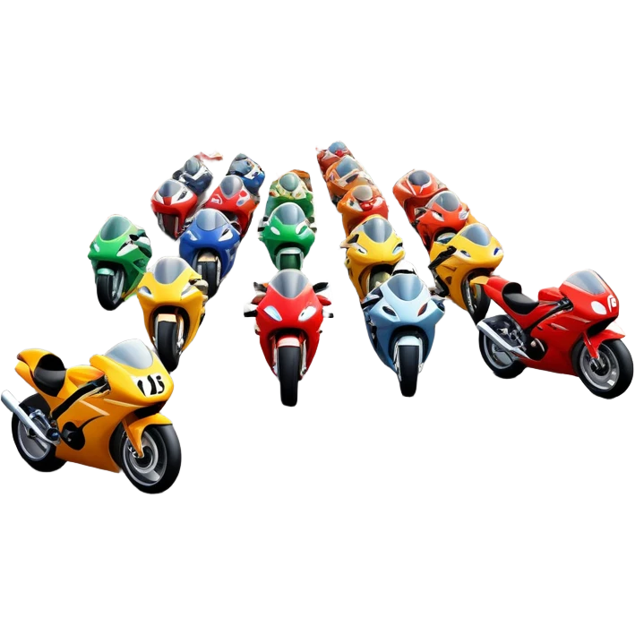 grandstands filled with cheering crowds, checkered flags waving, and traffic lights signaling the start, with a thrilling atmosphere of anticipation and speed. Sporty cars and motorcycles lined up at the starting line, ready to race, with a vibrant racetrack in the background. emoji